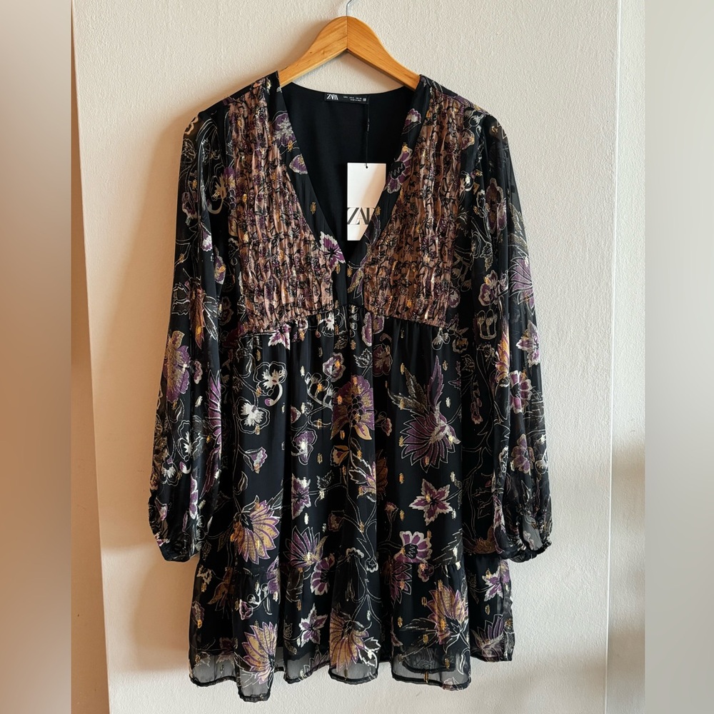 Zara Metallic Thread Printed Boho Dress.